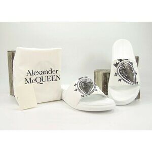 Alexander McQueen Mens White Heart Logo Leather Rubber Pool Slides NIB